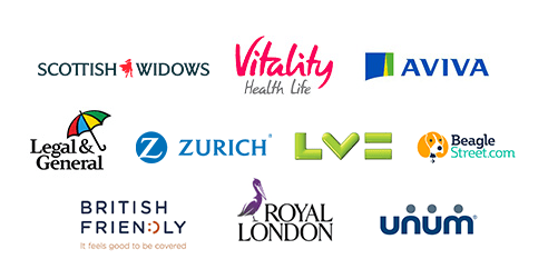 Logos Scottish Widows, Vitality, Aviva, Legal and General, Zurich, LV, AIG, BFS, Royal London, Unum