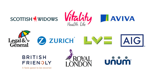 Logos Scottish Widows, Vitality, Aviva, Legal and General, Zurich, LV, AIG, BFS, Royal London, Unum